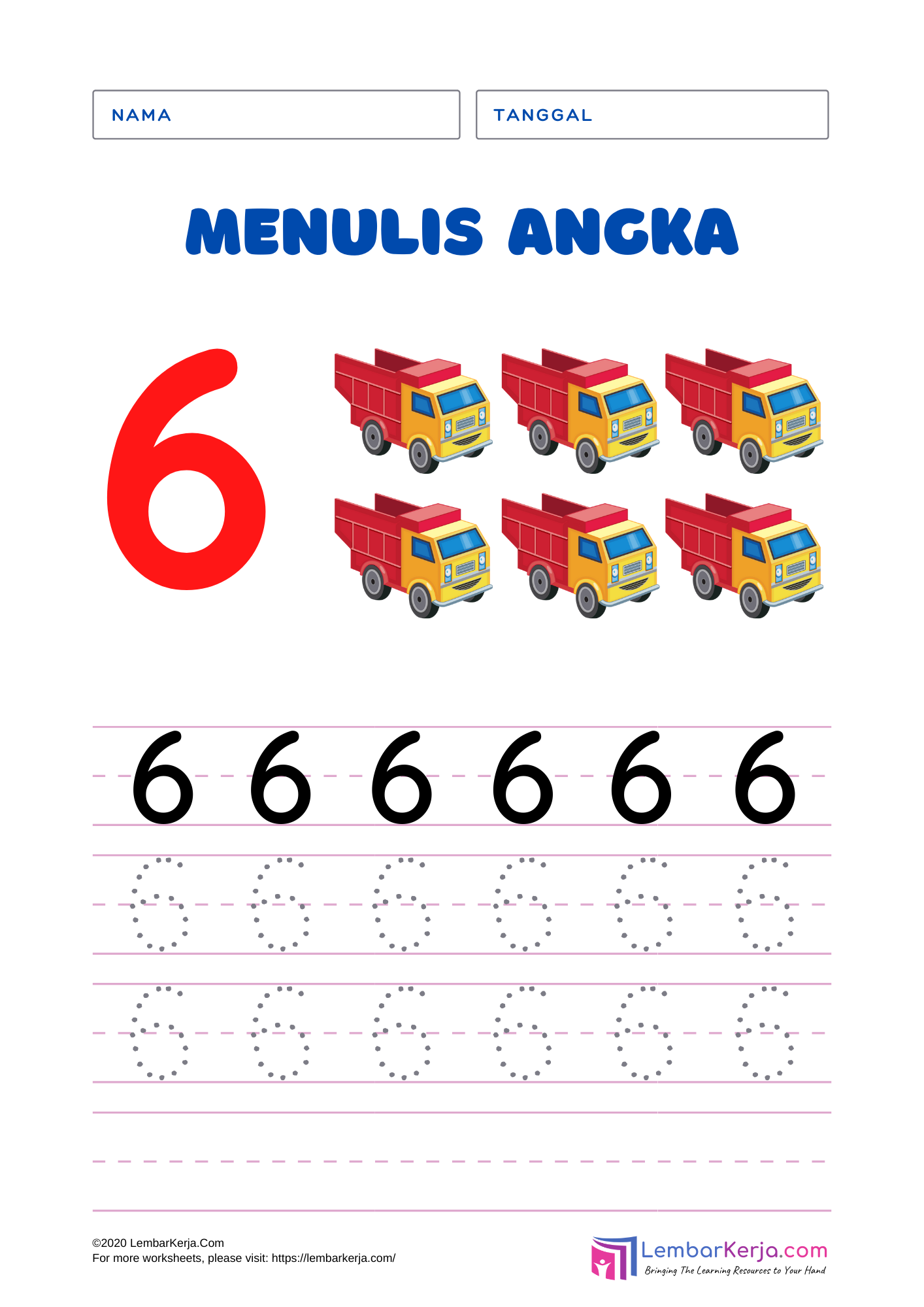 Menulis Angka 6 (Seri Transportasi) - LembarKerja.Com
